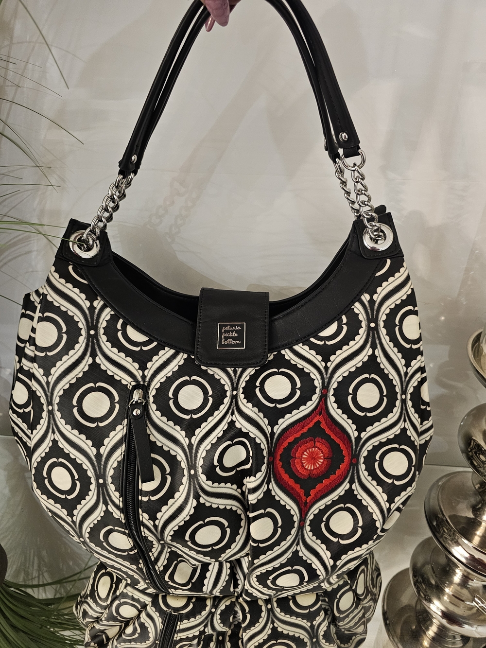 Petunia Pickle Bottom Black & White Patterned Shoulder Bag with Red Accent